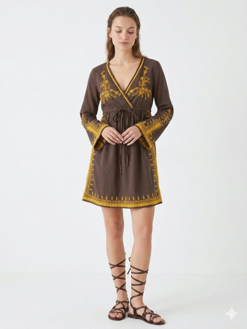Lucky Brand Dress Brown Mustard Embroidered Boho Festival Hippie S